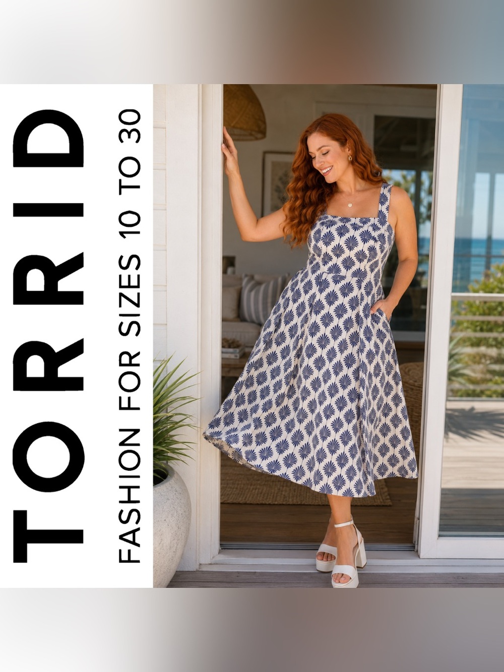 Torrid Belle Isle Cream & Black Smocked Back Cotton Midi Dress, Large, NWT!